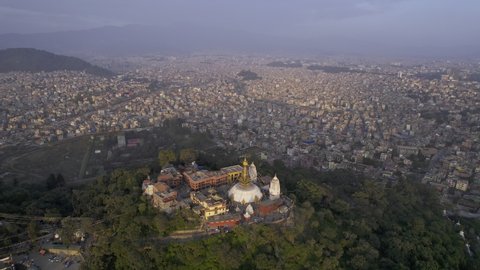 Aerial view of Kathmandu flying in to Swayambhunath Stupa to get a closer view.