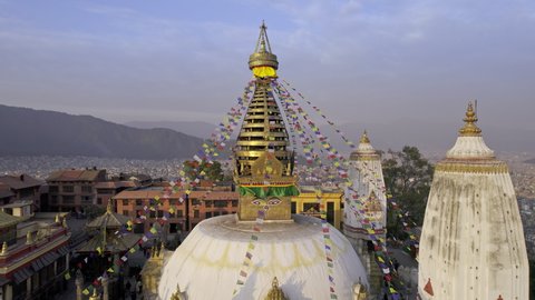 Black Kite passing by flying over Swayambhunath Stupa in Kathmandu Nepal.