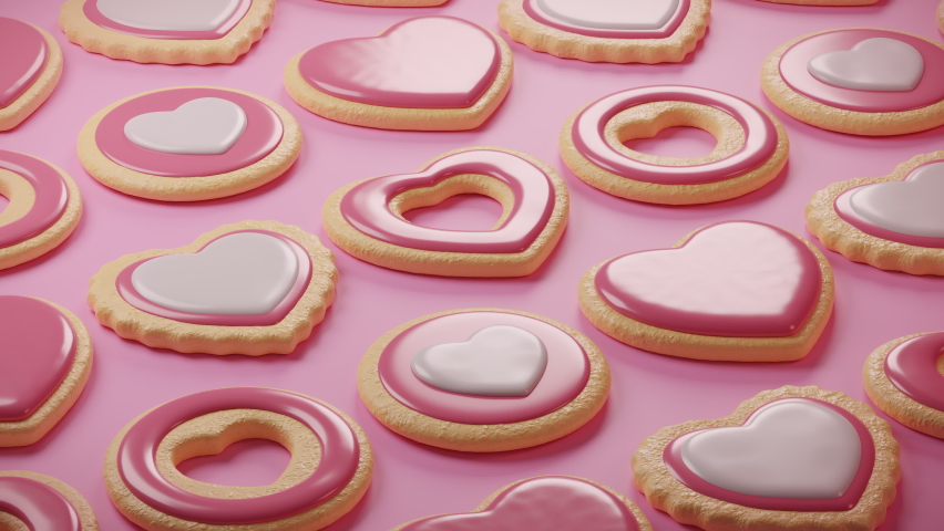 Valentine’s Day festive heart shaped sugar cookies. Bright pink background. Realistic sweet candies. Handmade valentines. Women’s Day, Mother Day greetings. Seamless loop 3D Render animation concept.  | Shutterstock HD Video #1085147540
