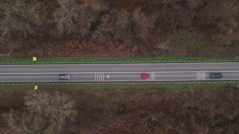 Aerial view of traffic on road through autumnal cottonwood forest, truck and cars on roadway from drone pov, directly above