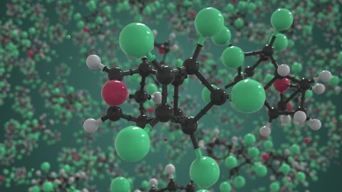Endrin molecule made with balls, isolated molecular model. Looping 3D animation or motion background