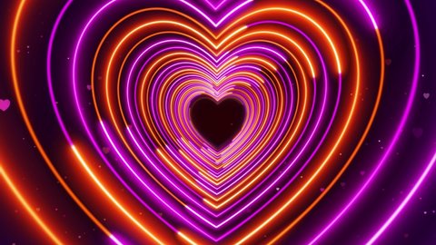 Abstract Romantic Sweet Purple Orange Heart Shape Lines Neon Light Rotating Tunnel With Glitter Heart Particles Background Seamless Loop Animation