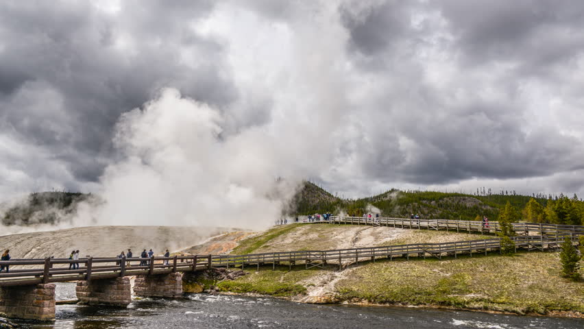 Timelapse of Excelsior Geyser Crater and Firehole River in Yellowstone National Park.