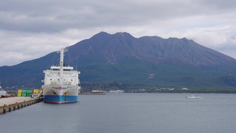 Kagoshima Bay and Harbor, Ships and Sakura-jima Volcano in the Background, Japan