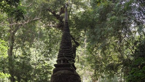 A static shot of the Alongkorn Chedi Pagoda in Namtok Phlio National Park, a monkey climbing the tree tops above in Chantaburi, Thailand