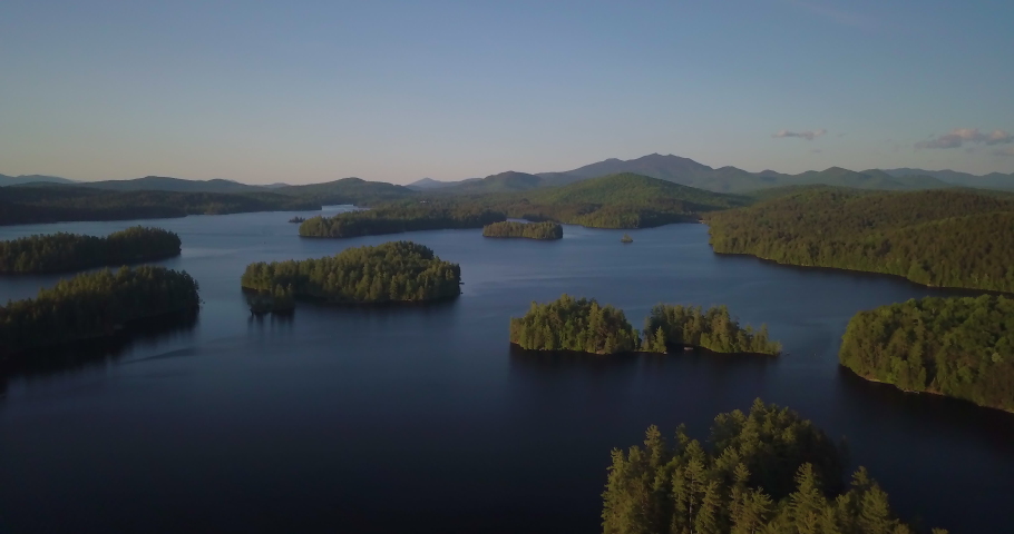 Picturesque aeriel flying over scenic Lower Saranac Lake in the Adirondacks, Upstate New York.