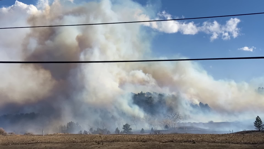Horrific Wildfire and Dense Heavy Smoke Above Burning Forest and Grassland. Marshall Fire, Boulder County, Colorado USA - 30th December 2021 Royalty-Free Stock Footage #1085160377