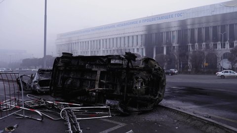 January 08, 2022 Kazakhstan, Almaty. After the terrorist attack in Almaty city. Destroyed military equipment.