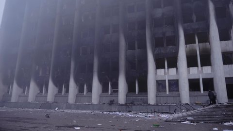 January 08, 2022 Kazakhstan, Almaty. After the terrorist attack in Almaty city. The building of the administration of the city after the fire