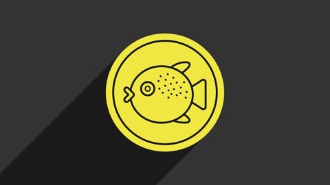 Yellow Puffer fish on a plate icon isolated on grey background. Fugu fish japanese puffer fish. 4K Video motion graphic animation.
