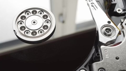 Hard disk drive internal platter close up stock footage