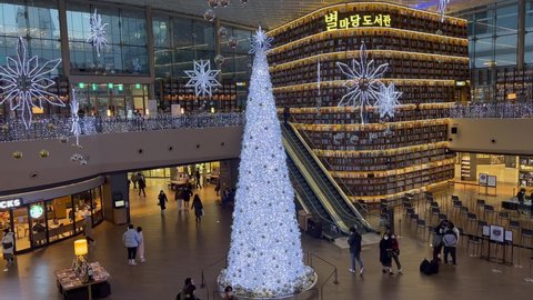 Seoul, South Korea - January 7 2022: Starfield Library at Starfield Coex Mall. Starfield library has 50000 books. People can rest and enjoy the reading in the shopping center.