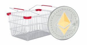 Ethereum adding to shopping basket, 3d animation. 3D rendering isolated on white background