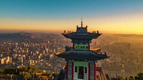 China Lanzhou Dusk Aerial View Panoramic City Dusk View 