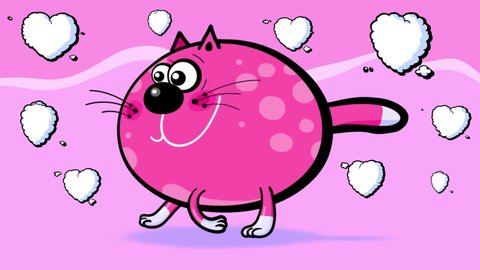 Cat walking cycle. Isolated cartoon pink animated character with white socks and hearts surrounding. Isolated. Cute children animation loop. Blinking eyes, fast moving synchronized legs, moving body.