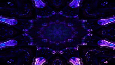 Blue kaleidoscope fractal geometric pattern motion background with colorful neon glow. Beautiful unique fractal abstract kaleidoscope animation. 4K