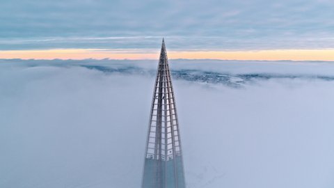 The tallest building in Europe.Lakhta Center skyscraper. Aerial view above the clouds.  Saint Petersburg Russia 12.01.2021