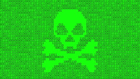 Binary code. Skull and crossbones, malware program code. Seamless loop, green screen, 16-bit depth