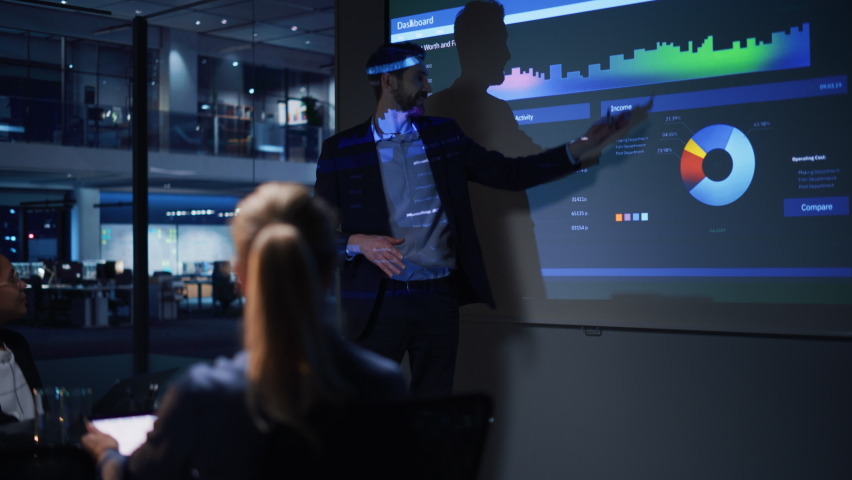 Conference Business Meeting Presentation: CEO Businessman Shows Data to Group of Investors, Businessspeople. Projector Screen Shows Graphs, Product Sales, Revenue Growth Strategy, e-Commerce Analysis - Powered by Shutterstock - Get 15% off with code: PIKWIZARD15