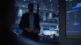 Conference Business Meeting Presentation: CEO Businessman Shows Data to Group of Investors, Businessspeople. Projector Screen Shows Graphs, Product Sales, Revenue Growth Strategy, e-Commerce Analysis - Powered by Shutterstock - Get 15% off with code: PIKWIZARD15