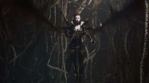 A young, pretty vampire examines her creepy dungeon, populated by nightmarish creatures. The concept of creepy monsters and ancient Gothic vampires. The woman was created using 3D computer graphics.