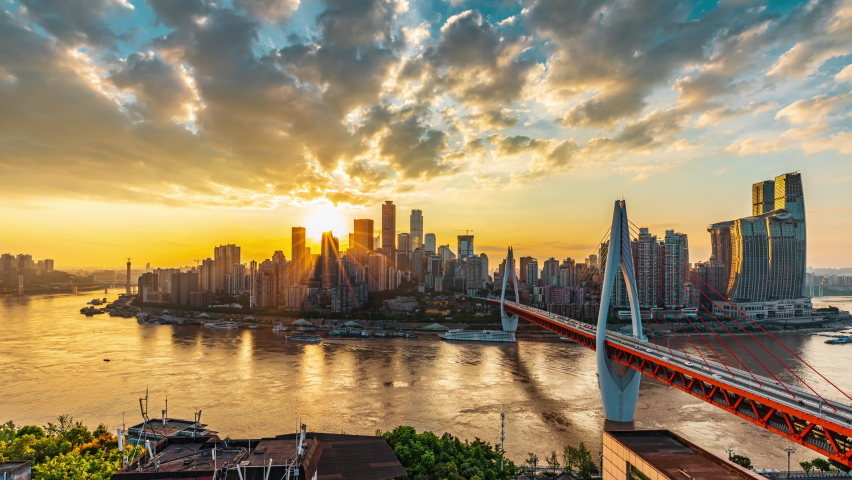 4k time lapse. panoramic city skyline and modern commercial buildings in Chongqing, China. Beautiful cityscape and colorful sunset clouds.