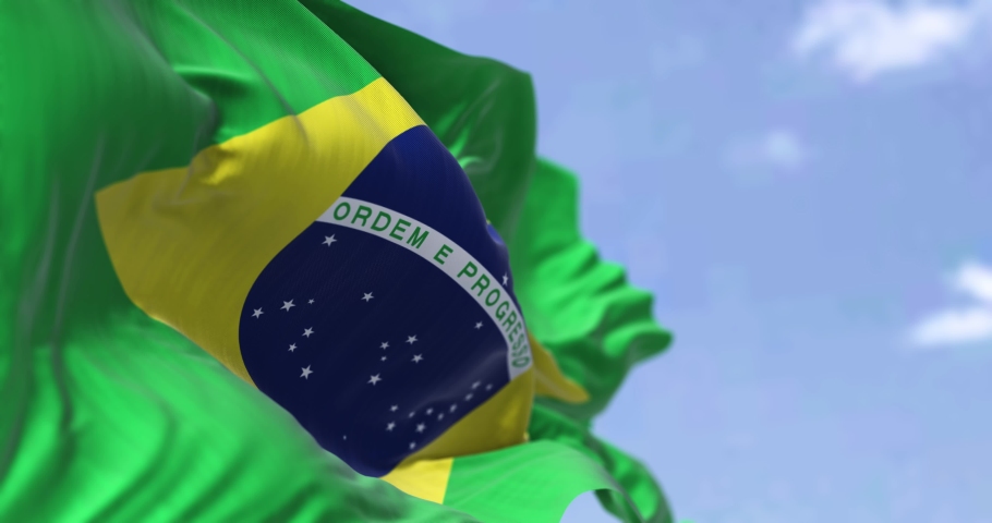 Detailed close up of the national flag of Brazil waving in the wind on a clear day. Democracy and politics. South american country. Selective focus. Seamless Slow motion | Shutterstock HD Video #1085193818