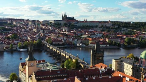 Prague scenic aerial view of the Prague Old Town pier architecture and Charles Bridge over Vltava river in Prague, Czechia. Old Town of Prague, Czech Republic.