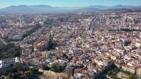 Aerial 4K video from drone to of Malaga old town and the new residential areas of Malaga.Spain,Costa del sol, Andalusia (Series)