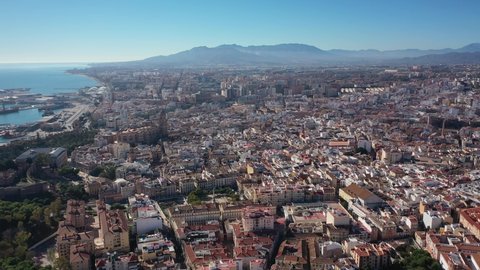 Aerial 4K video from drone to of Malaga old town and the new residential areas of Malaga.Spain,Costa del sol, Andalusia (Series)