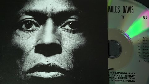 Rome, Italy - December 24, 2021, detail of the cover and of the cd Tutu, album by Miles Davis released in 1986, which reached the first position in the American Jazz Albums chart.