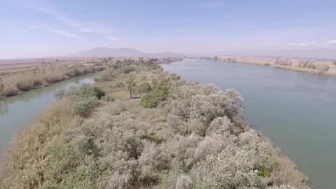 aerial views of final parts of the ebro river with views of fields and fields