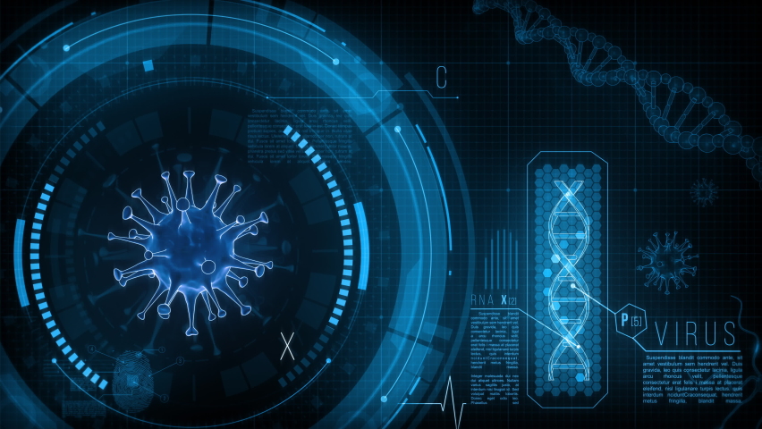 HUD interface panel with 3d Virus. Futuristic data screen with rotating virus model, DNA, animated elements. - Powered by Shutterstock - Get 15% off with code: PIKWIZARD15