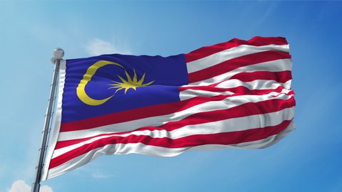 Malaysia Flag Loop. Realistic 4K. 30 fps flag of the Malaysia. Malaysia flag waving in the wind. Seamless loop with highly detailed fabric texture.