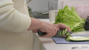 Woman cooking dinner in the kitchen slicing cucumber on kitchen countertop. High quality 4k footage