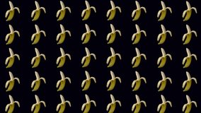 Colorful fruit pattern of fresh yellow bananas on black background. Seamless pattern with banana. Realistic animation. 4K video motion