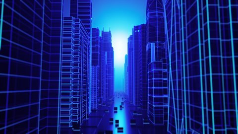 Concept for digital glowing high tech cyber city downtown with vibrant wireframe architecture loop