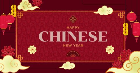 Happy Chinese New Year. Chinese with red and gold decorative classic festive background for holiday. Traditional lunar year celebration background with hanging lanterns, flowers and clouds. 4K loop