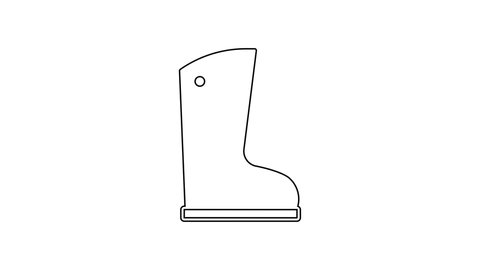 Black line Waterproof rubber boot icon isolated on white background. Gumboots for rainy weather, fishing, gardening. 4K Video motion graphic animation.