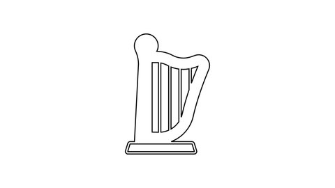 Black line Harp icon isolated on white background. Classical music instrument, orhestra string acoustic element. 4K Video motion graphic animation.