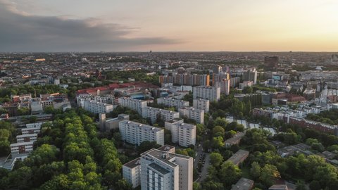 Establishing Aerial View Shot of Berlin, Germany, capital city, Kreuzberg and  Schöneberg, push in