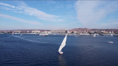 Nile River. Aerials Vision of Egyptian Felucca in Aswan City - Egypt