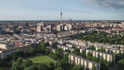 Establishing Aerial View Shot of Berlin, Germany, capital city skyline, rise up crane shot, wonderful day