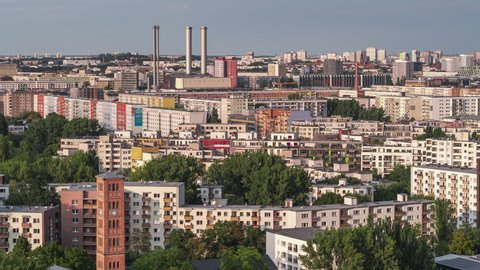 Berlin, France - circa 2021 - Establishing Aerial View Shot of Berlin, Germany, capital city,  Kreuzberg and Friedrichshain, lovely sun