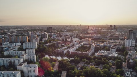 Establishing Aerial View Shot of Berlin, Germany, capital city, Schöneberg area, day, magical weather