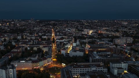 Berlin, France - circa 2021 - Establishing Aerial View Shot of Berlin, Germany, capital city, Kreuzberg at night evening