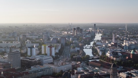Establishing Aerial View Shot of Berlin, Germany, capital city, Kreuzberg and Friedrichshain area, day sunny, Spree River