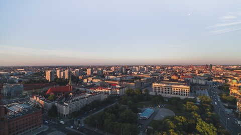 Establishing Aerial View Shot of Berlin, Germany, capital city, sunrise golden hour, Schöneberg Berliner Innenstadt  Museum Island 