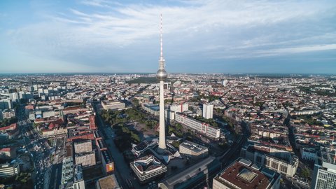Berlin, France - circa 2021 - Establishing Aerial View Shot of Berlin, Germany, capital city, early day, nice weather, TV Tower, Alexander Platz