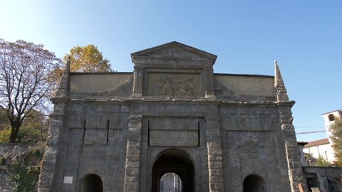 Bergamo. Lombardy. Italy. 10-31-2021Porta Sant'Agostino. Ancient walls. City of Bergamo. Tilt 4K